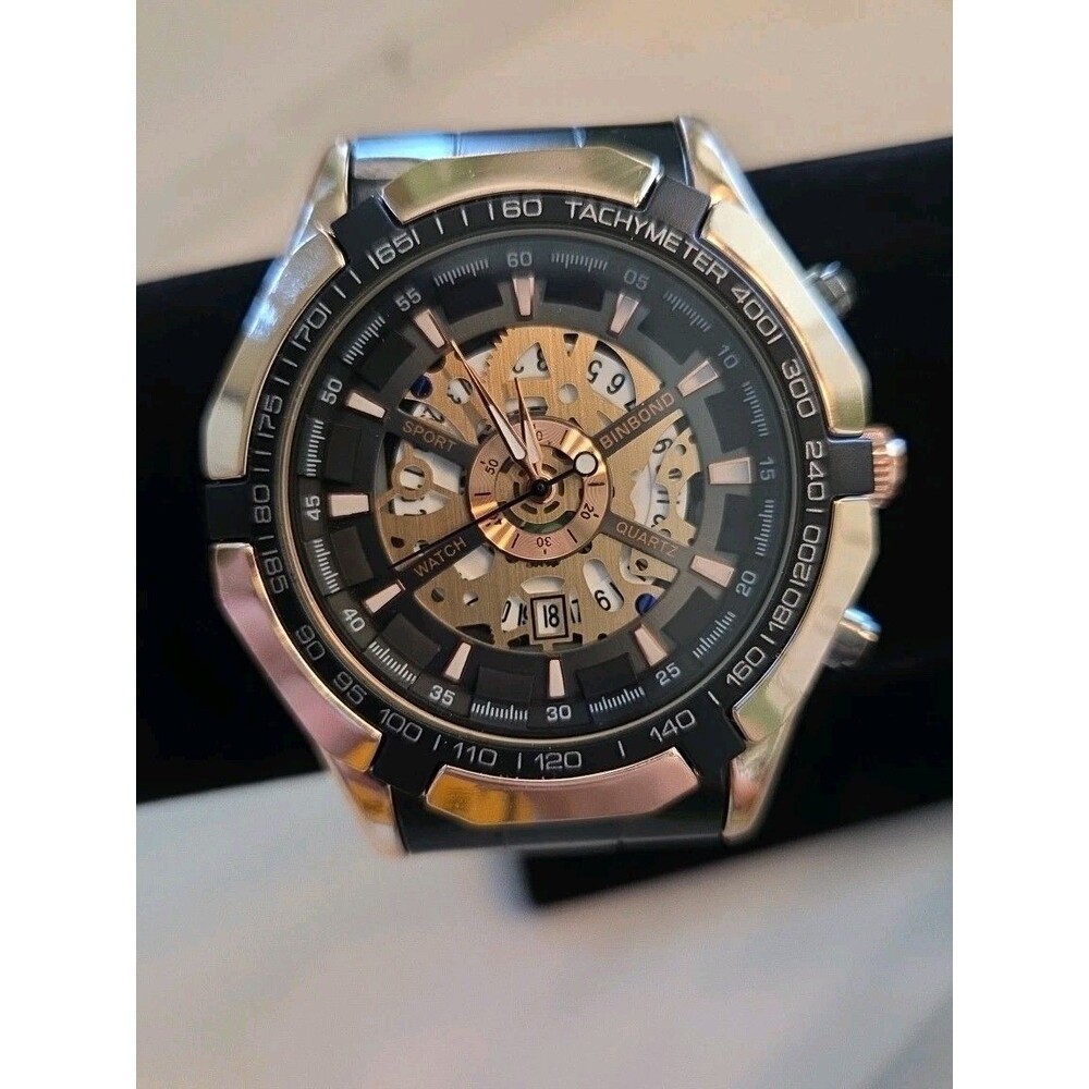 Mens Binbond 46mm Hollow Date Quartz Watch Black & Rosegoldtone 30M New Battery